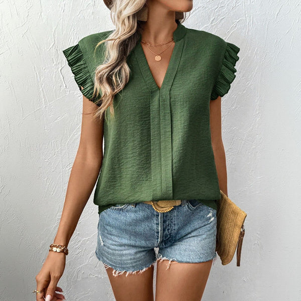 Solid Blouse with V-Neck, Flutter Sleeves, and Pleats