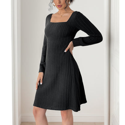 A-Line Knit Dress with Square Neck and Butterfly Lace Back