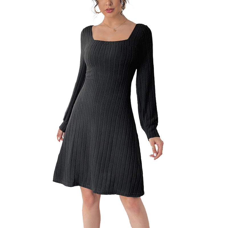 A-Line Knit Dress with Square Neck and Butterfly Lace Back