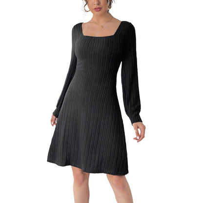 A-Line Knit Dress with Square Neck and Butterfly Lace Back
