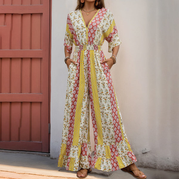 Retro Floral & Striped Wide-Leg Jumpsuit with V-Neck