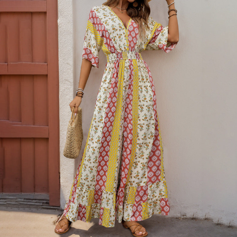Retro Floral & Striped Wide-Leg Jumpsuit with V-Neck
