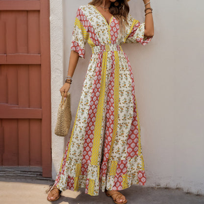 Retro Floral & Striped Wide-Leg Jumpsuit with V-Neck