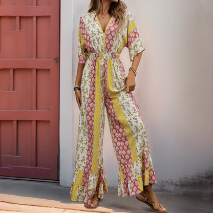 Retro Floral & Striped Wide-Leg Jumpsuit with V-Neck