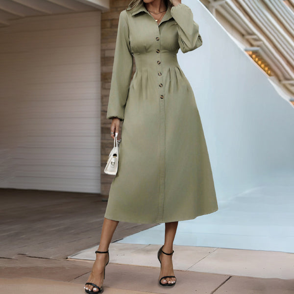 Solid A-Line Shirt Dress with Lapel Collar and Button Front
