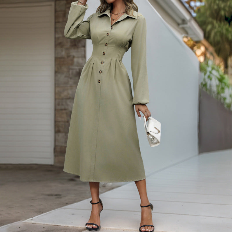 Solid A-Line Shirt Dress with Lapel Collar and Button Front
