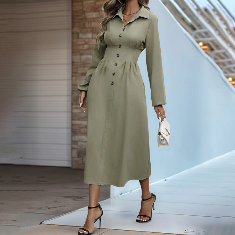 Solid A-Line Shirt Dress with Lapel Collar and Button Front