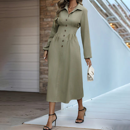 Solid A-Line Shirt Dress with Lapel Collar and Button Front