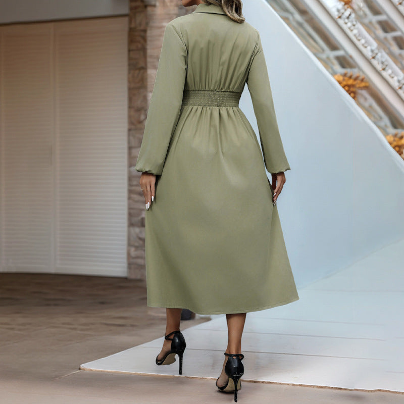 Solid A-Line Shirt Dress with Lapel Collar and Button Front