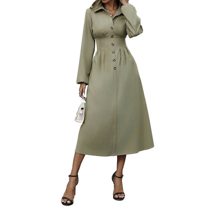 Solid A-Line Shirt Dress with Lapel Collar and Button Front