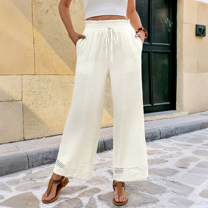 Loose Wide-Leg Pants with Drawstring Waist and Lace Trim