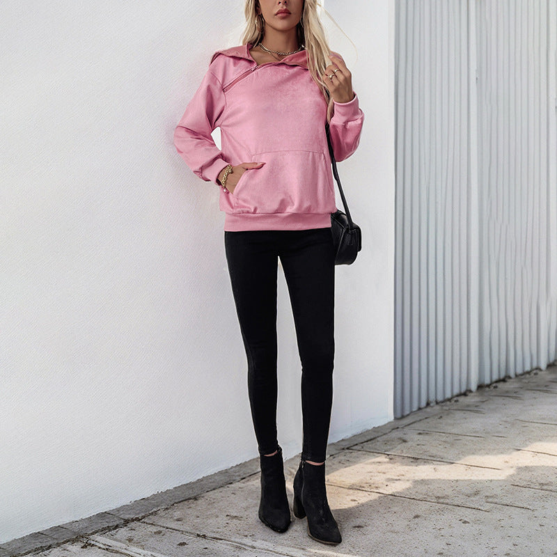 Solid Color Pullover with Diagonal Zipper and Cowl Neck