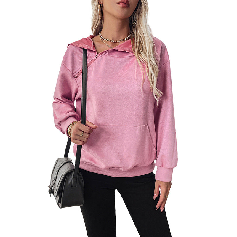 Solid Color Pullover with Diagonal Zipper and Cowl Neck