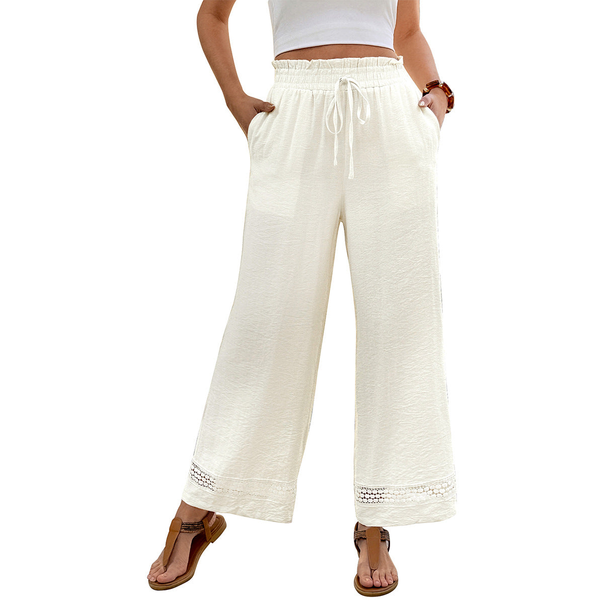 Loose Wide-Leg Pants with Drawstring Waist and Lace Trim