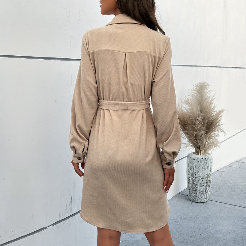 A-Line Corduroy Shirt Dress with Button Front and Tie Belt