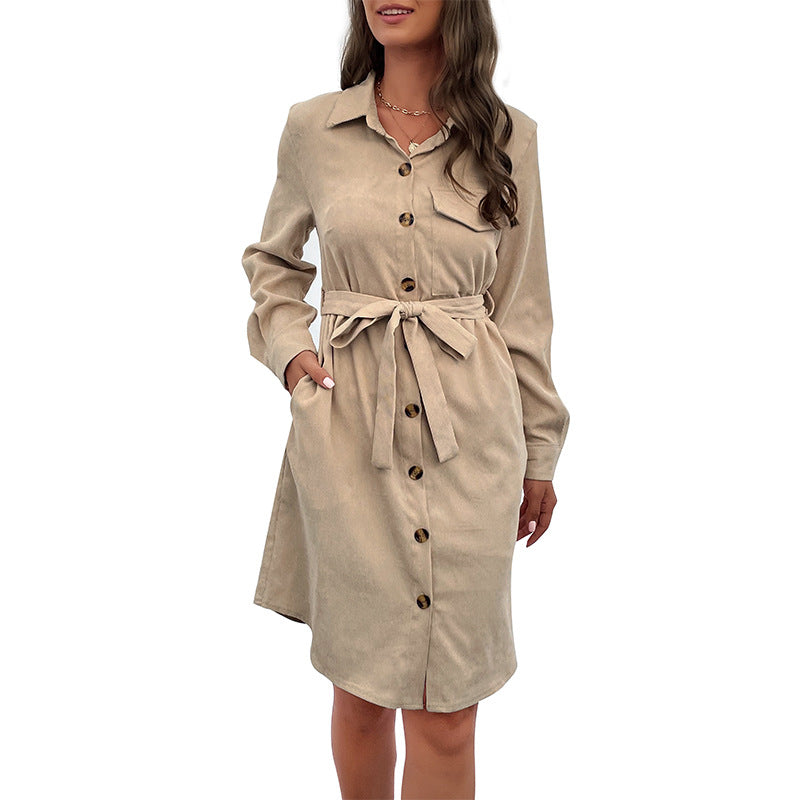 A-Line Corduroy Shirt Dress with Button Front and Tie Belt