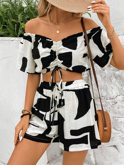 Cow Print Shorts Set with Off-Shoulder Ruched Top