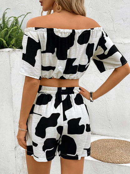 Cow Print Shorts Set with Off-Shoulder Ruched Top