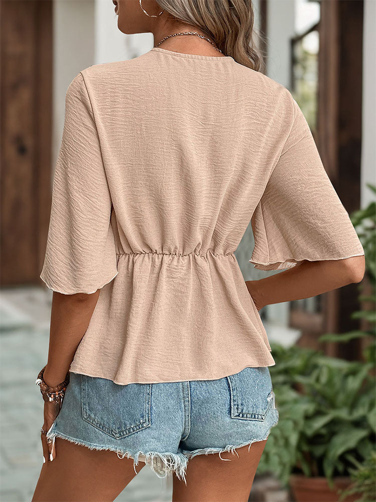 Solid Wrap-Around Blouse with V-Neck and Bell Sleeves