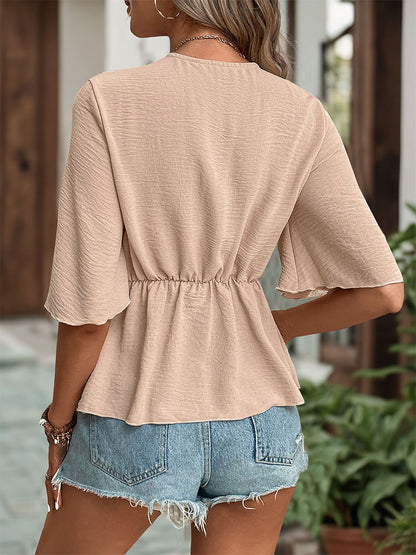 Solid Wrap-Around Blouse with V-Neck and Bell Sleeves