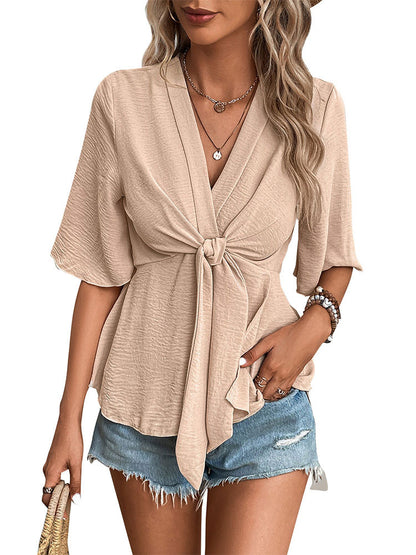 Solid Wrap-Around Blouse with V-Neck and Bell Sleeves