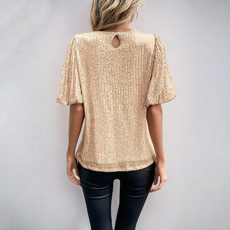 Sequined Top with Round Neck and Bell Sleeves