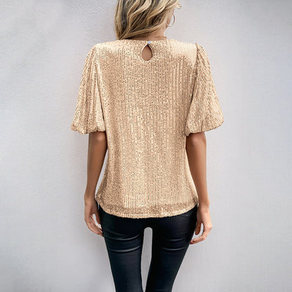 Sequined Top with Round Neck and Bell Sleeves