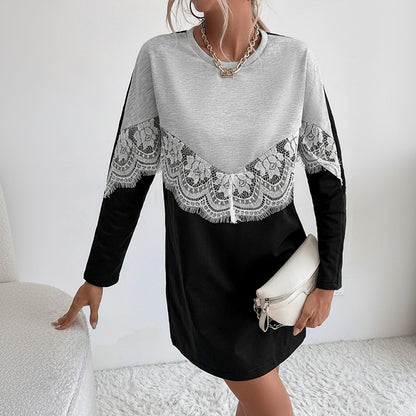 Color-Blocked Sweatshirt Dress with Lace Splicing