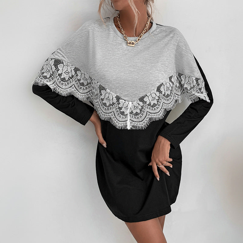 Color-Blocked Sweatshirt Dress with Lace Splicing
