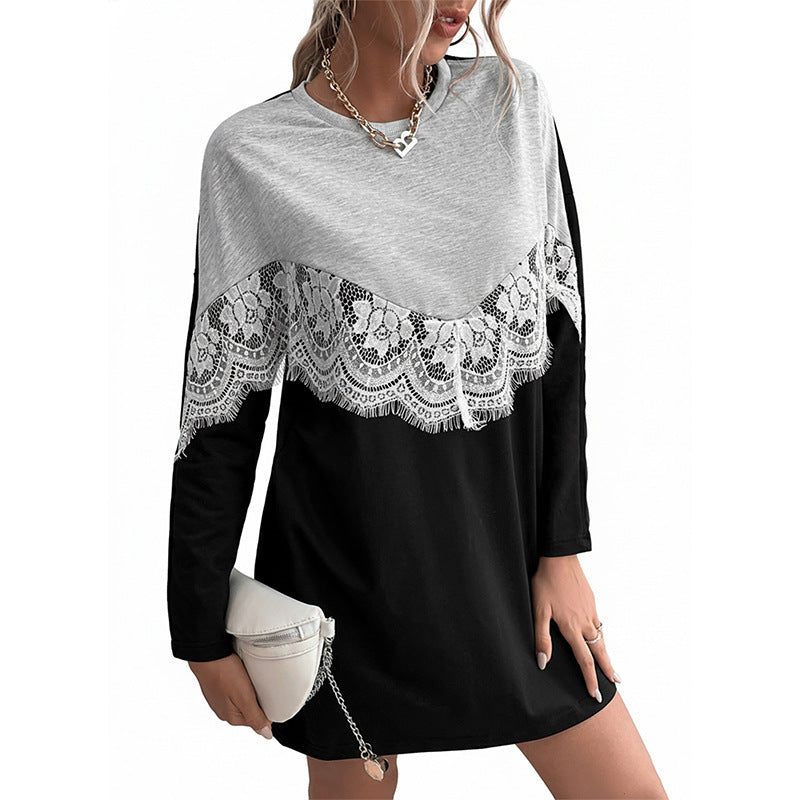 Color-Blocked Sweatshirt Dress with Lace Splicing