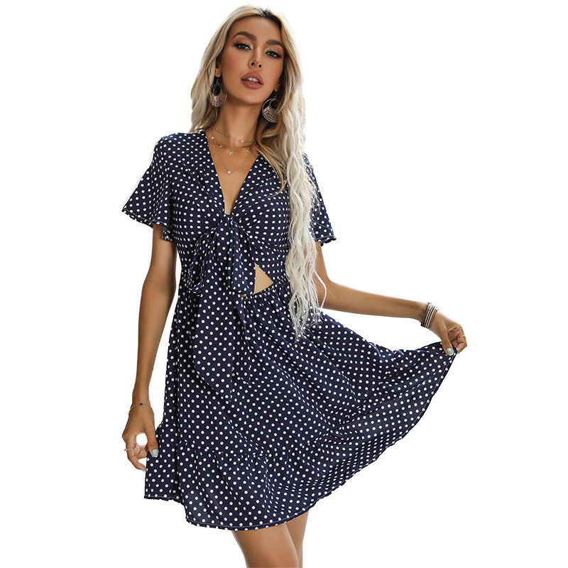 Polka Dot Mini Dress with V-Neck and Tie-Front