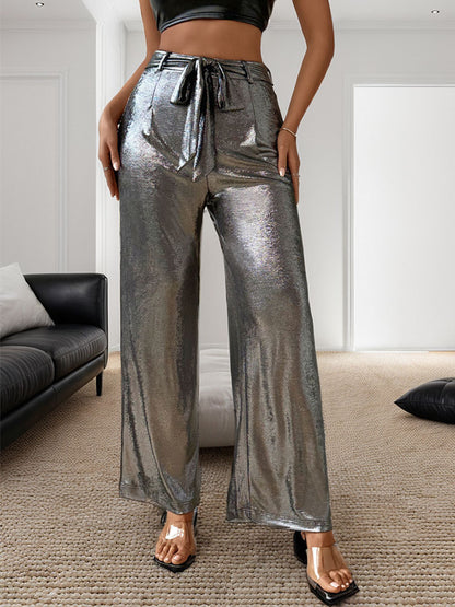 Wide-Leg Metallic Pants with Self-Tie Waist