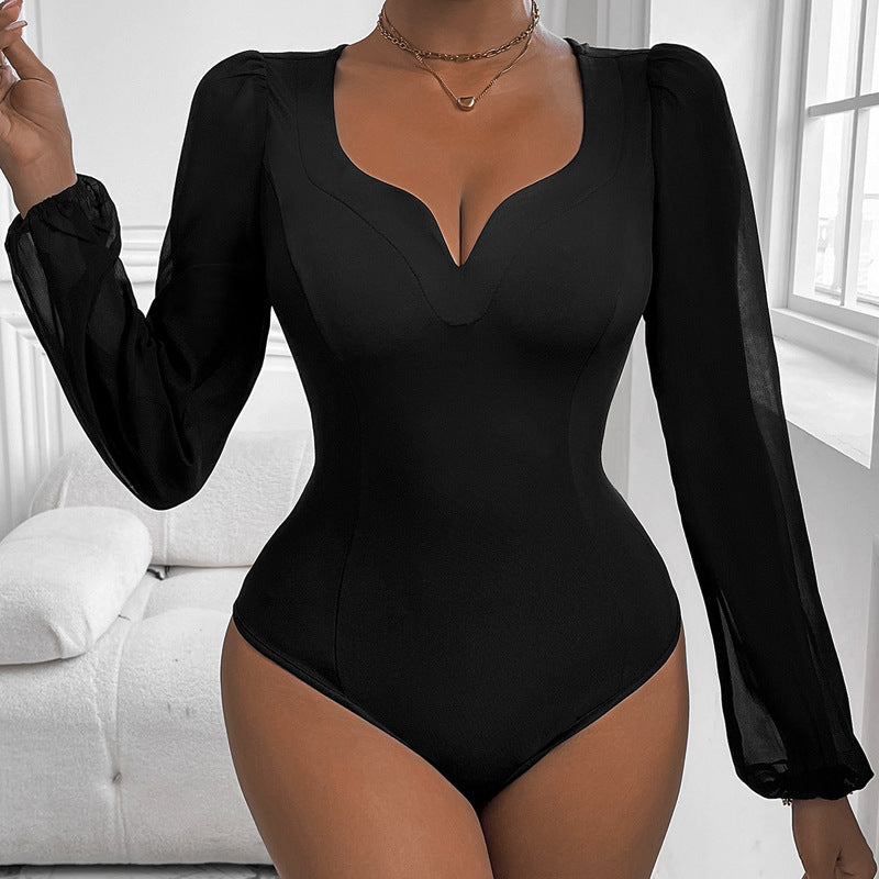 Bodycon Bodysuit with Deep V-Neck and Puff Mesh Sleeves