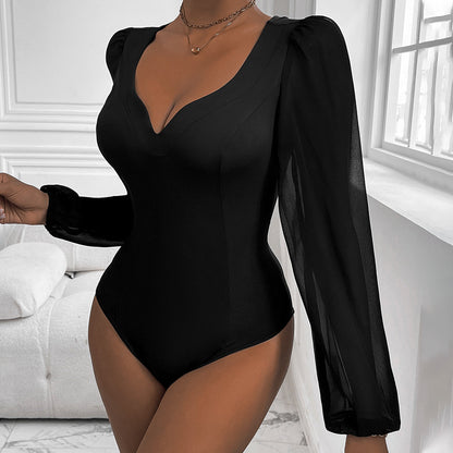 Bodycon Bodysuit with Deep V-Neck and Puff Mesh Sleeves