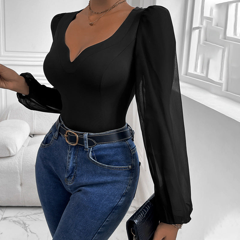 Bodycon Bodysuit with Deep V-Neck and Puff Mesh Sleeves