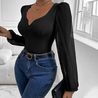 Bodycon Bodysuit with Deep V-Neck and Puff Mesh Sleeves