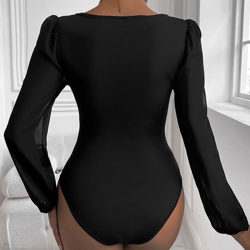 Bodycon Bodysuit with Deep V-Neck and Puff Mesh Sleeves