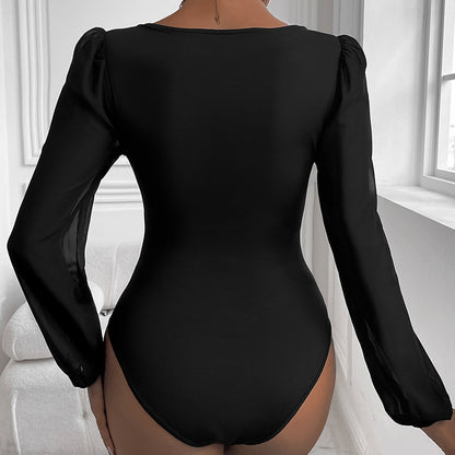 Bodycon Bodysuit with Deep V-Neck and Puff Mesh Sleeves