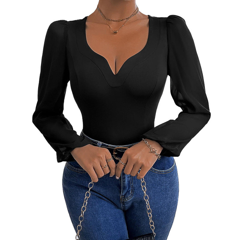 Bodycon Bodysuit with Deep V-Neck and Puff Mesh Sleeves