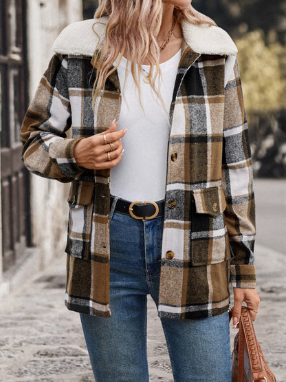 Brushed Plaid Shacket with Sherpa Collar