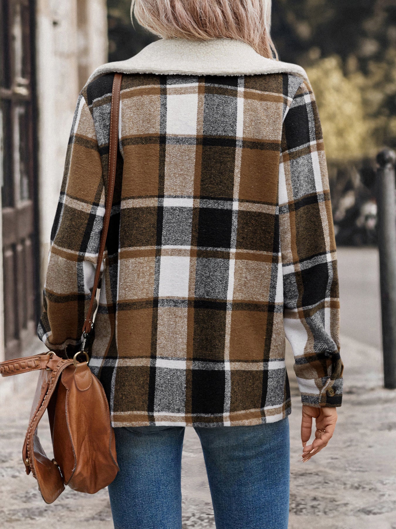 Brushed Plaid Shacket with Sherpa Collar