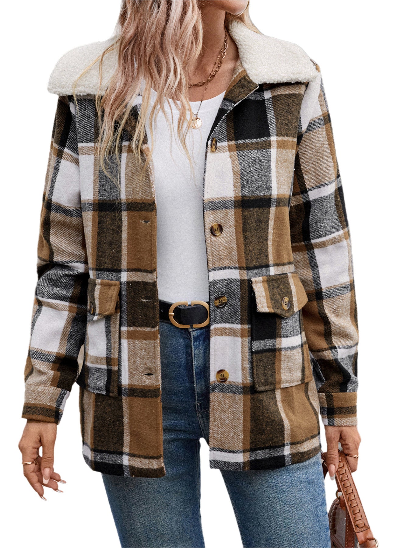 Brushed Plaid Shacket with Sherpa Collar
