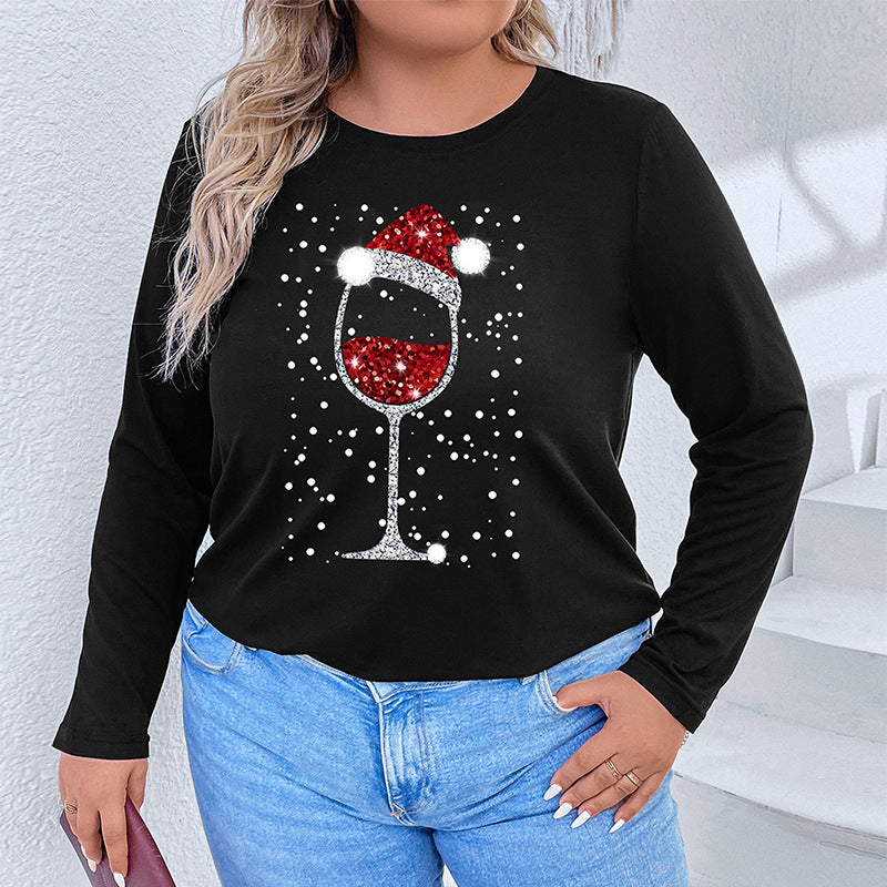 Plus-Size Loose Christmas Long Sleeve Top with Glitter Wine Glass Graphic