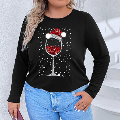 Plus-Size Loose Christmas Long Sleeve Top with Glitter Wine Glass Graphic