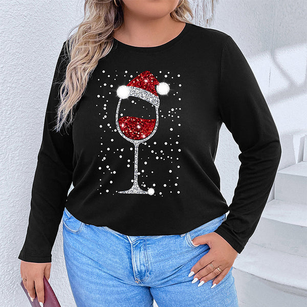 Plus-Size Loose Christmas Long Sleeve Top with Glitter Wine Glass Graphic