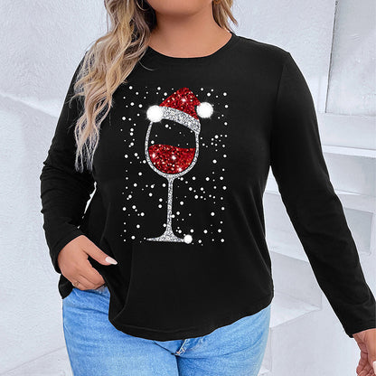 Plus-Size Loose Christmas Long Sleeve Top with Glitter Wine Glass Graphic