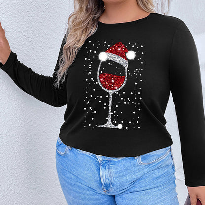 Plus-Size Loose Christmas Long Sleeve Top with Glitter Wine Glass Graphic