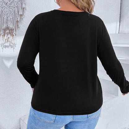 Plus-Size Loose Christmas Long Sleeve Top with Glitter Wine Glass Graphic