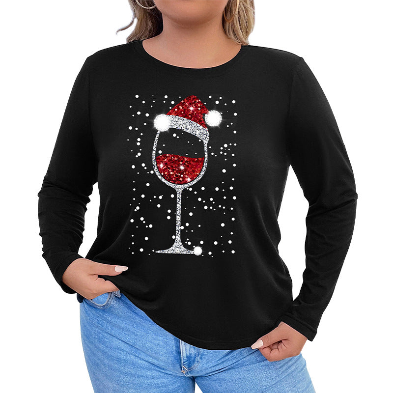 Plus-Size Loose Christmas Long Sleeve Top with Glitter Wine Glass Graphic