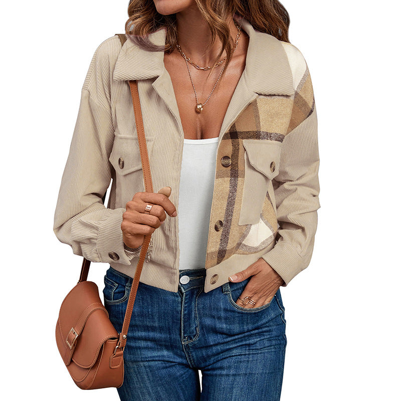 Cropped Corduroy Jacket with Plaid Color-Block Detail